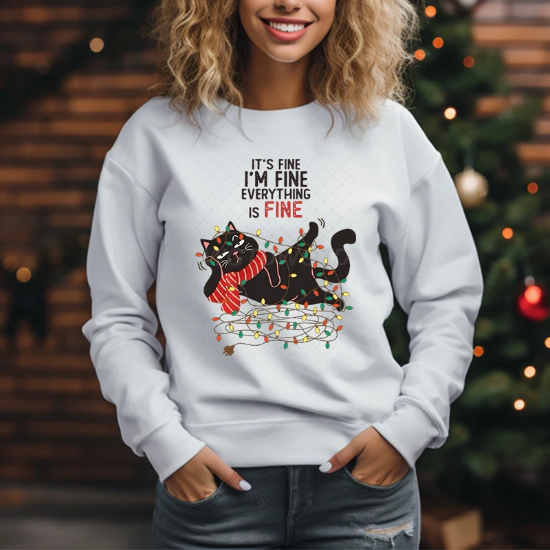 Xmas Gifts Outfits Top It's Fine I'm Fine Everything Is Fine Graphic Sweater Women Merry Christmas Cat Lights Cartoon Sweatshirt