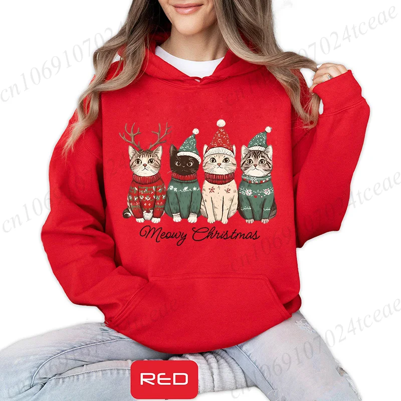Meowy Christmas Cat Print Women Fashion Hoodies Girl Clothing Funny Merry Christmas Sweatshirts Tops Female Casual Tops Clothing