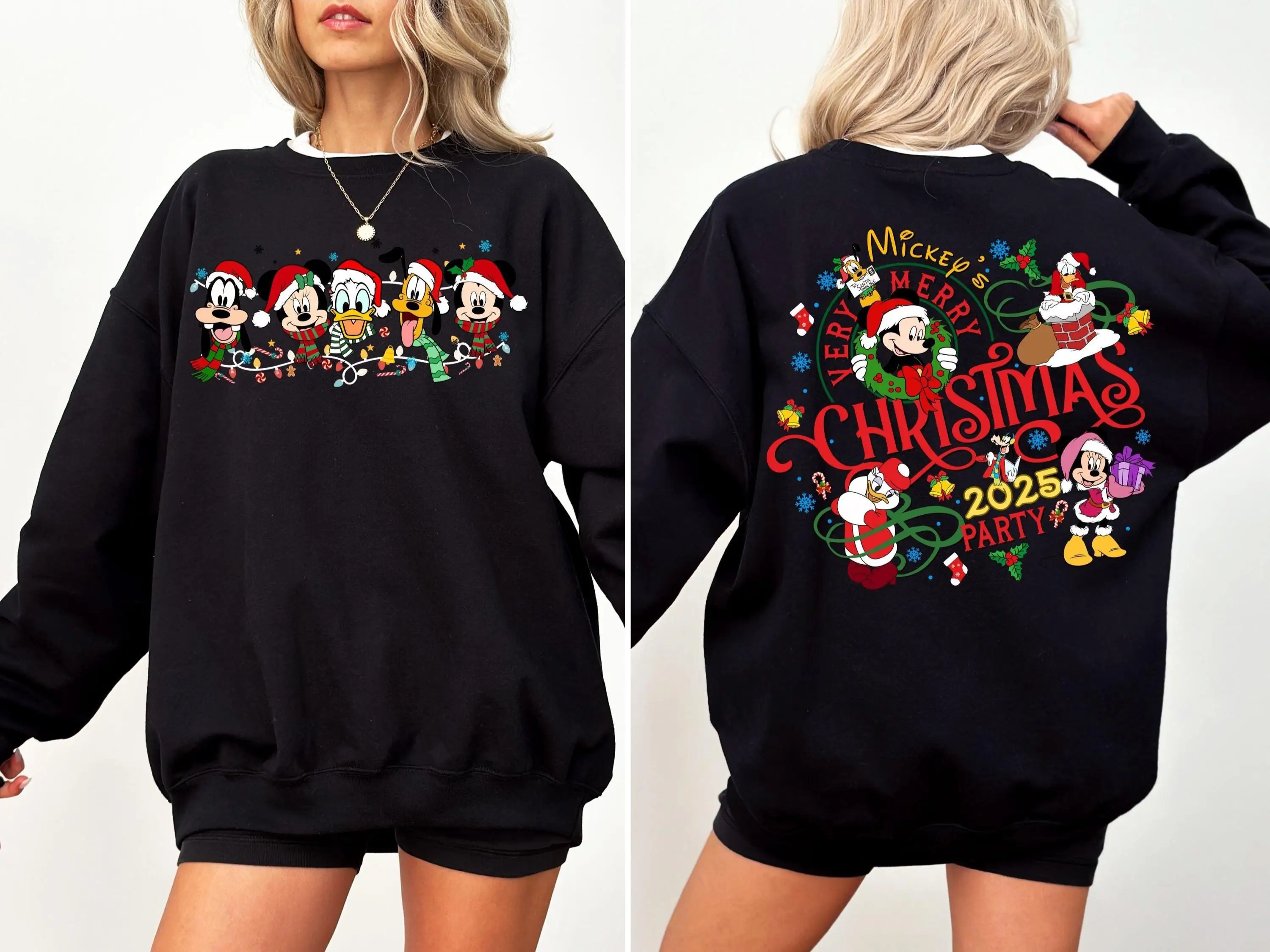 2-Sided Mickey's Very Merry Christmas Party 2025 Sweatshirt Disney Santa Mickey And Friends Group Christmas Lights Hoodie
