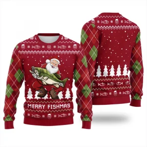 Santa Claus Fishing Bass Merry Fishmas Print Winter Christmas Ugly Hoodie Women's Casual Pullover Harajuku Festive Streetwear