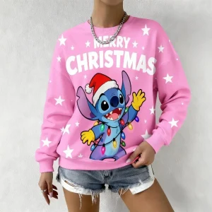 Ugly Winter Christmas Stitch Printed Sweatshirt 3D Cartoon Character Pullover with "Merry Christmas" Lettering Women Casual Top